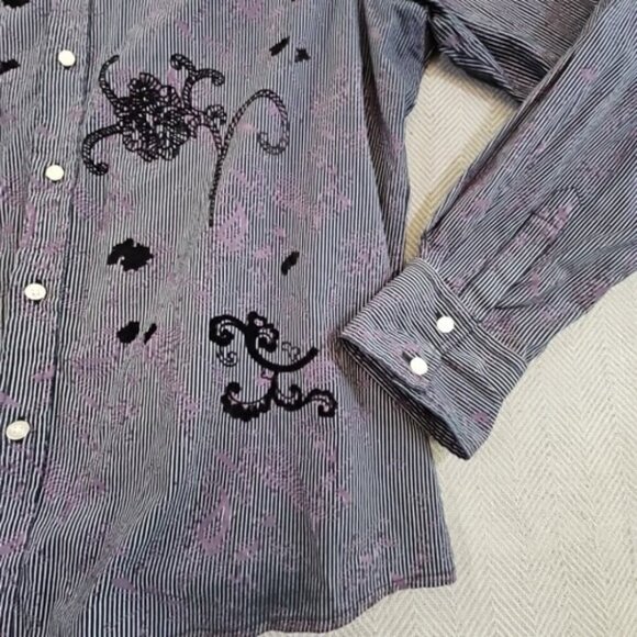 Vintage Red Floral Long Sleeve Button Up Shirt Men's 2XL Black Purple Stripe EUC - Picture 2 of 12